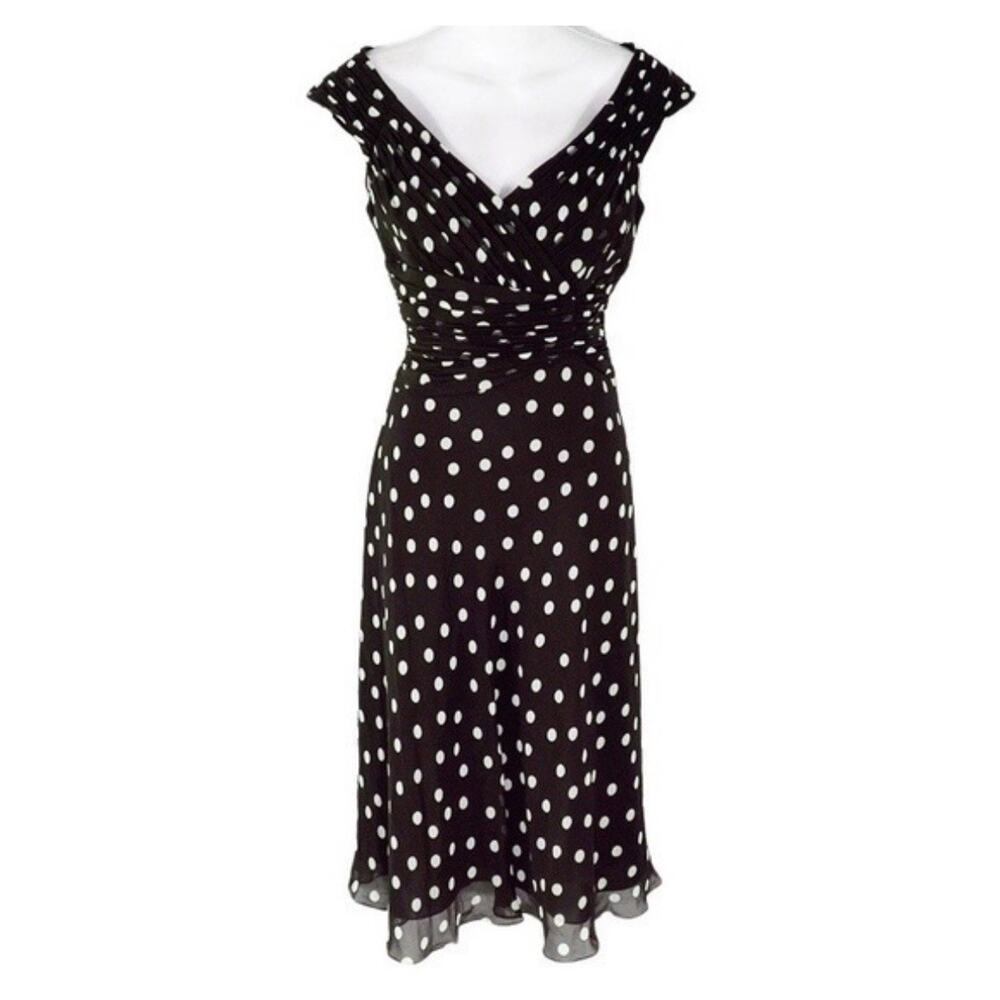 Adrianna Papell Women 6 Black White Polka Dot Silk V-neck Fit & Flare Midi Dress